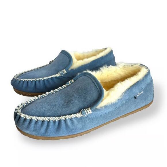 L.L Bean Suede Blue Wicked Good Shearling Lined Venetian Slippers Women Size 10M - Picture 1 of 10